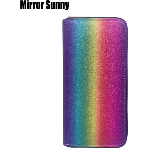 New Fashion Womens Long Wallet Rainbow Color Leather Coin Purse Cellphone Bag Large Capacity Zipper Clutch Wallet Carteira