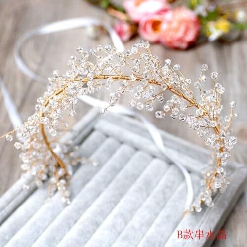 Dense beads headbands ribbon wreath bride headdress Handmade crystal bridal hair jewelry