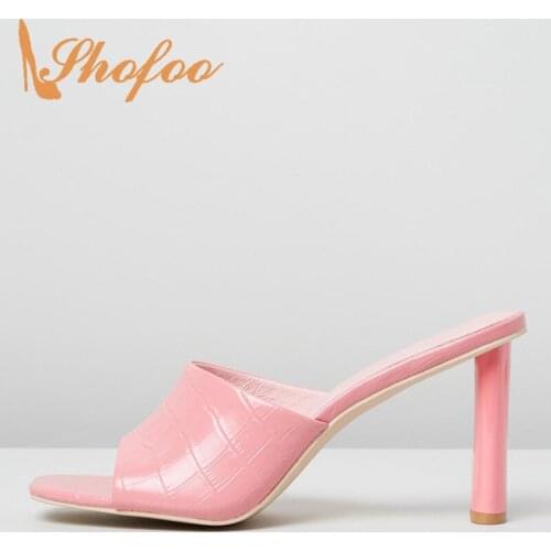 Shofoo Pink Croc Slip On Sandals Super Heels Square Toe Shoes For Ladies Summer Mature Sexy Large Size 13 16 Fashion Leisure