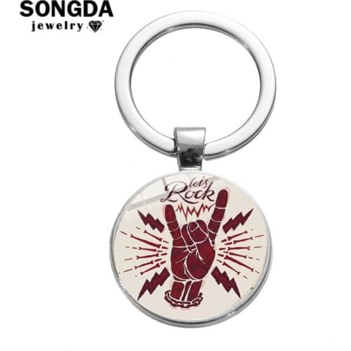 SONGDA Vintage Pop Rock Hands Keychain Silver Plated Glass Dome Badge Metal Key Ring Holder Motorcycle Car Key Chain Accessories