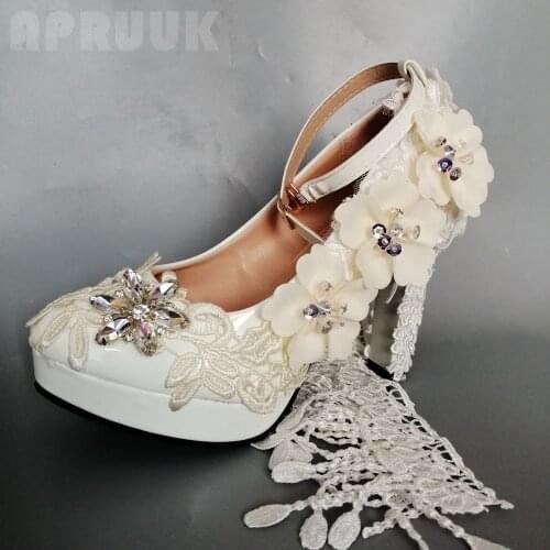 Champagne flower wedding shoes bride handmade luxury ankle buckle straps platforms lace bridal pumps ladies party proms shoe
