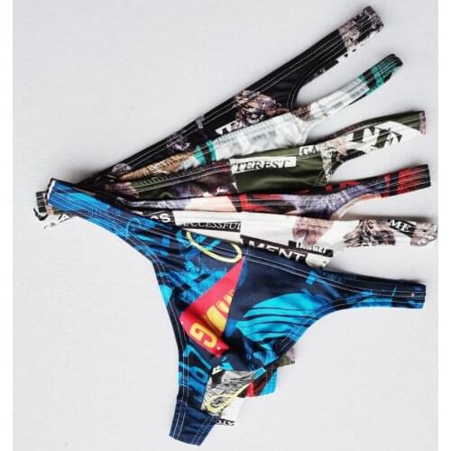 5pcs 2020 Fashion Print Mens Thongs And G Strings Low Rise Brief Penis Hipster Mens Briefs Sexy Thongs Breathable Thong HT029