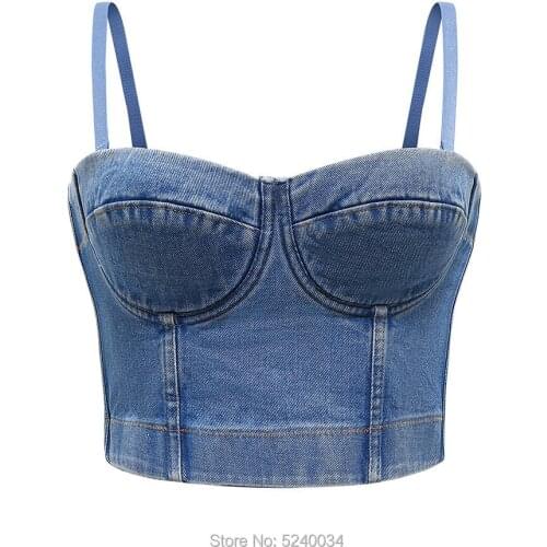 Denim Crop Top Retro Women Tank Top Cropped Woman Clothes Sexy Camis Push Up Denim Bra Clothing Backless Bustier Party Club Vest