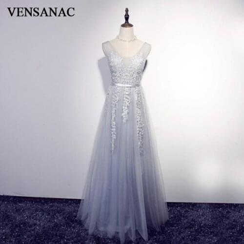 VENSANAC 2018 Sequined V Neck A Line Lace Appliques Long Evening Dresses Pearls Party Sash Backless Prom Gowns