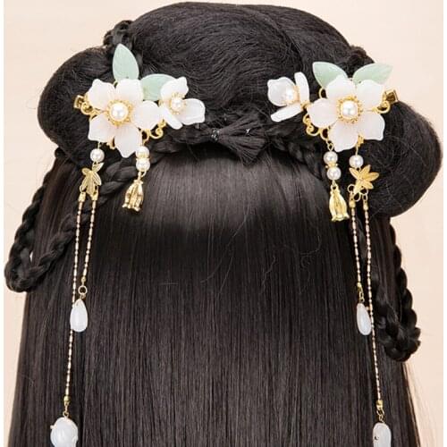 2 pcs White Flower Hair Clip Girl Tassel Hair Clips Hairpin HanfuTraditional Headdress Handmade Hair clip