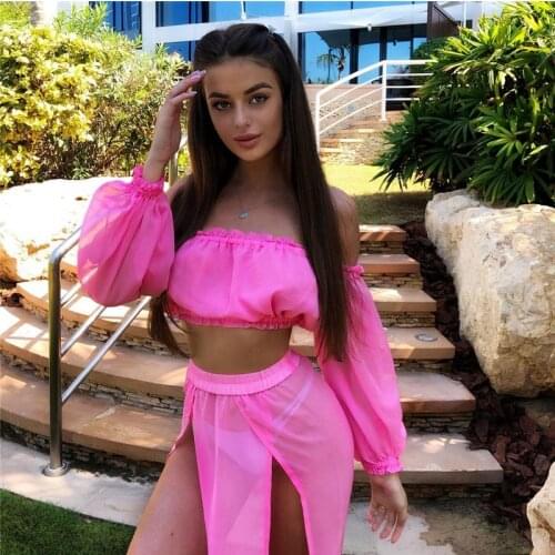 Hot Sexy Women Bathing Cover Ups 2 Pieces Ruched Crop Top and Elastic Waist Split Skirts Solid Color Bikinis Swimsuits Beachwear