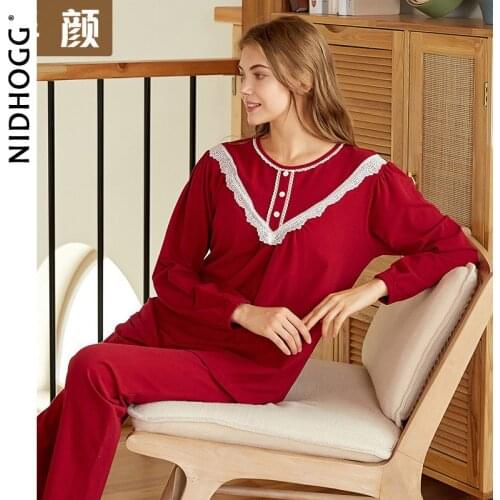 Womens Thickened Knitted 100% Cotton Pajamas Long Sleeve Lace Nightwear Round Neck Solid Sleepwear Two Piece Set Autumn Pijamas