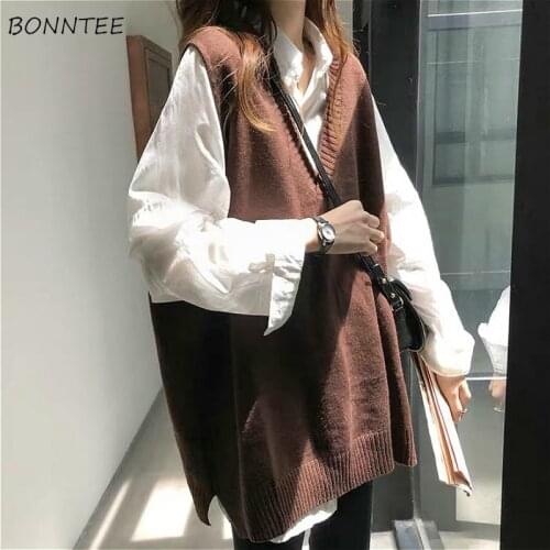 Sweater Vests Women Solid Sleeveless V-neck Korean Style Spring All-match Ulzzang High Street Fashionable Knitted Ladies Popular