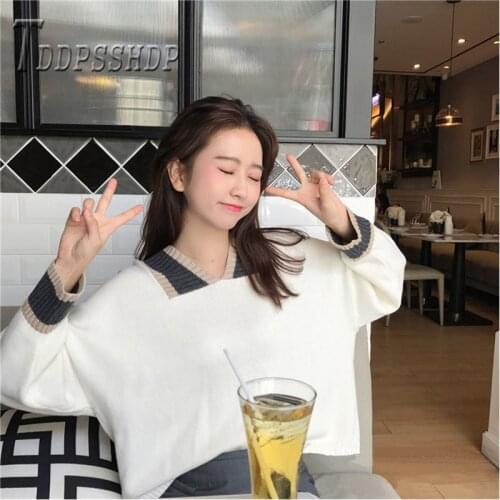 2019 Autumn Winter New Korean V Neck Women Sweater Loose Easy To Match Contrast Color Pullover Female Sweaters