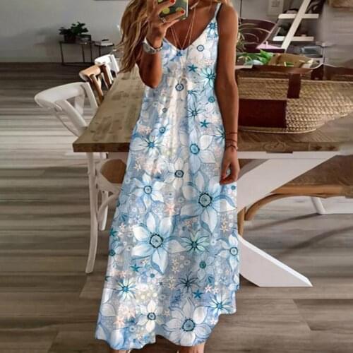 Summer Woman Dress 2021 Midi Dress Sleeveless Long Type Polyester Floral Printed V-neck Women Dress for Party