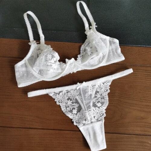 2021 sexy lace lingerie set lace embroidery thin hollow T-pants bra set ladies underwear set floral girl bra set white bralette