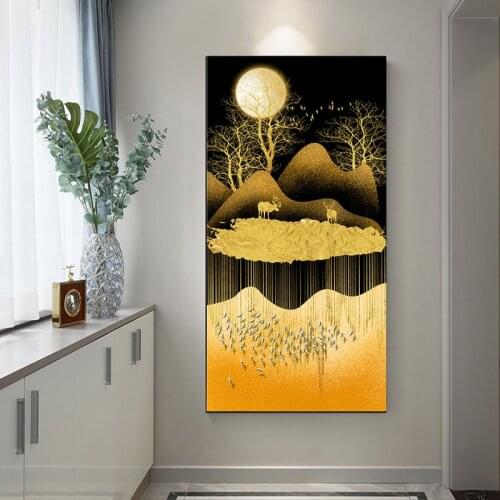 Golden Moon Abstract Poster Nordic Canvas Print Wall Art Painting Modern Picture for Living Room Decoration with Hanger