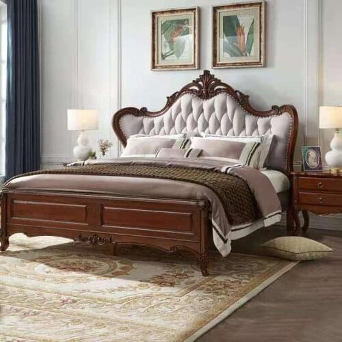 American solid wood leather bed master bedroom light luxury 1.8m double wedding bed European white carving luxury