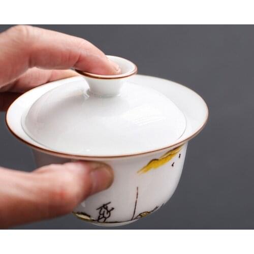 Gaiwan Teacup Large Ceramic Tea Bowl Set Household Gong Fu Tea Sets Three-Color Bowl Dehua White Porcelain Custom Gift