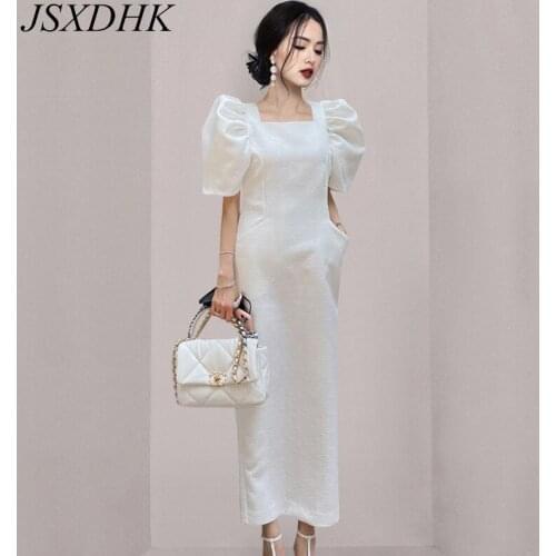 JSXDHK 2021 New Korean Designer Summer Puff Sleeve Long Dress Elegant Women Square Collar White Pockets Slim Pencil Robe Dresses