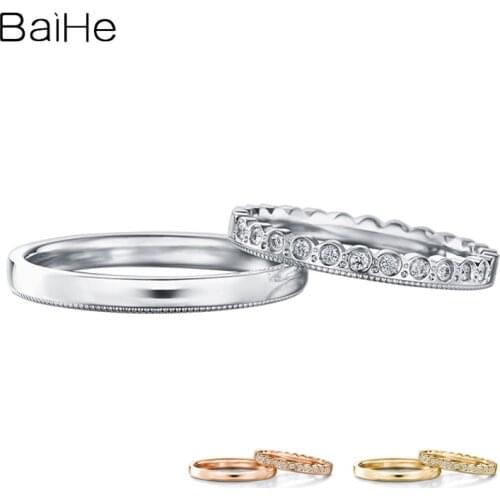 BAIHE Solid 18K White Gold 0.15CT H/SI Round Natural Diamonds Ring Women Man Ring Wedding Fine Jewelry Trendy Couple Ring