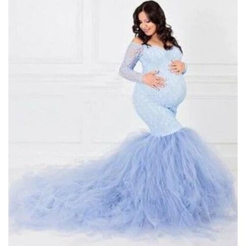 Patchwork Long Pregnancy Dress For Photo Shoot Long Sleeve Lace Stitching With Gauze Pregnant Womens Floating Tailed Jumpsuit