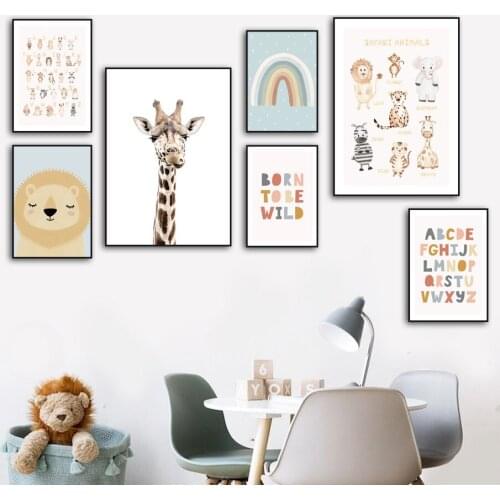 Cute Lion Rainbow Safari Animal Letters Giraffe Nordic Poster Wall Art Print Canvas Painting Decoration Pictures Baby Kids Room