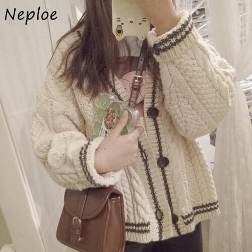 Neploe Cute College Single Breasted Sweater Women 2021 Autumn Korean Woman Sweaters Contrast Color V-neck Knitted Cardigan