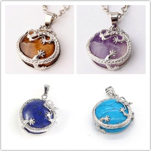 Trendy-beads Silver Plated Various Color Half Round Quartz Stone with Chinese Dragon Pendant Vintage Jewelry