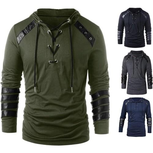 2020Mens Sweatershirt personality spell leather straps long-sleeved solid color lace-up hooded hoodies sweatshirt pullover coat