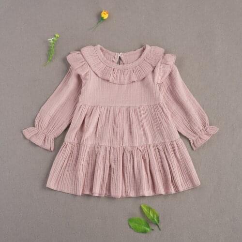 Toddler Baby Girl Fall Sweet Dress Casual Long Sleeve Round Neck Solid Color Ruffle A Line Loose Dress