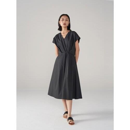 Ouverey Women V Neck Cotton Maxi Dresses Elastic Waist Sleeveless Black Shirt Skirt