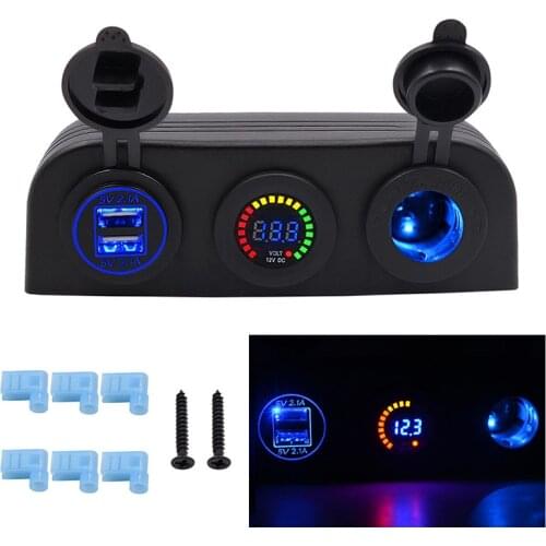 Three Hole Tent Type Panel 4.2a Dual USB Charger 12V/24V Cigarette Lighter Voltmeter for Car Motorcycle Boat Marine ATV RV