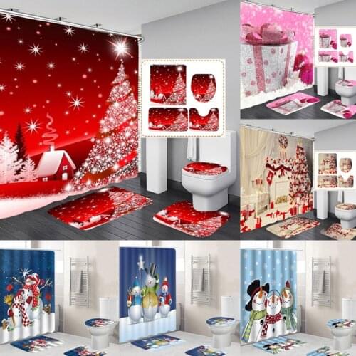 10 Types Christmas Backgdrop Snow Printing Waterproof Bathroom Shower Curtain Bath Curtain Toilet Cover Mat Set Non-Slip Rugs