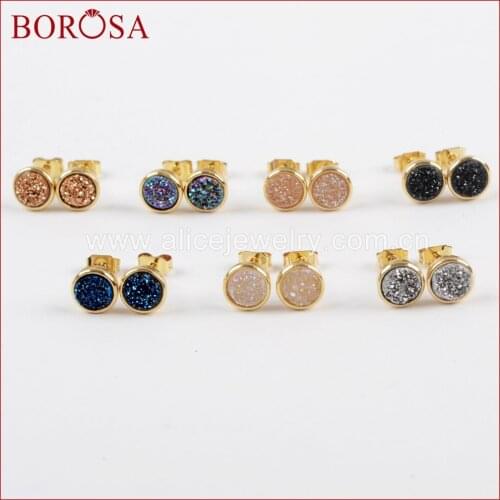 BOROSA 5/10Pairs 6mm Round Gold Color Bezel Rainbow Titanium Druzy Stud Earrings Agates Drusy Earring for Women Jewelry ZG0277