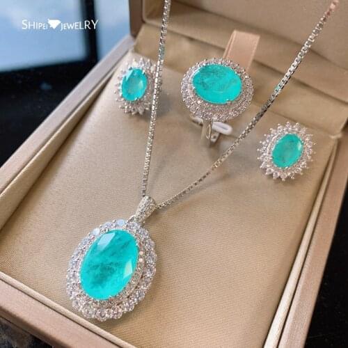 Shipei 925 Sterling Silver Oval Paraiba Tourmaline Created Moissanite Rings/Earrings/Pendant/Necklace Wedding Jewelry Sets 3Pcs
