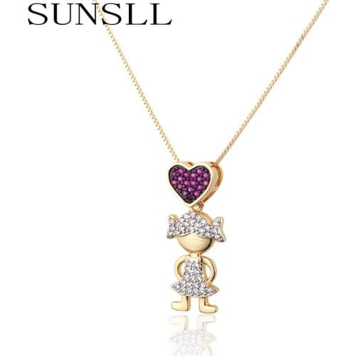 SUNSLL Fashion gold copper girl necklace cubic zircon heart necklace for girls/childen fine jewelry pendant necklace chain gifts