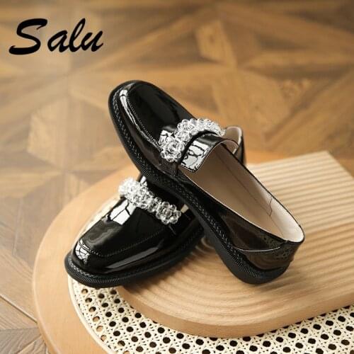 Salu Concise Slip on Women Shoes Casual Square Heels Pumps New Summer Genuine Leather Pumps Brand Design 2021 Shoes Woman