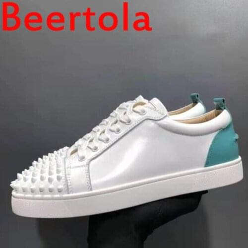 Brand New Leather Mens Patchwork Casual Flats Shoes Black Rivet Lace Up Leisure Style Designers Mixed Color Chaussures Male