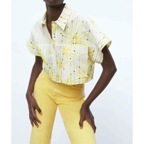 Prairie Chic Cropped Shirt Women Vintage Loose Daisy Print Short Sleeved Shirts Tunic Summer Female Pockets Tops Blouses 2021