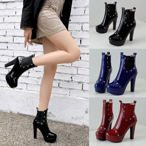 YMECHIC Patent Leather Rivet Ankle Boots for Womens 11cm High Heel 2021 Autumn Winter Party Elastic Sleeve Shorty Female Shoes