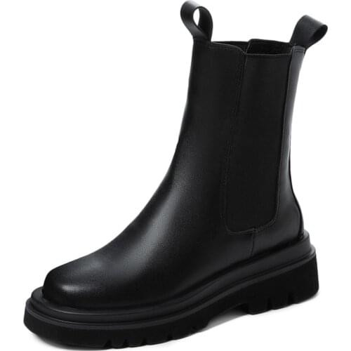 Autumn Winter Women Chelsea Boots Fake Leather Fashion Female Platform Heel Shoes Woman Black Sewing Round Toe Ankle Boots M247