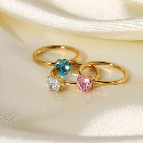 Stainless Steel Heart Shape Candy Color Zircon Rings For Women Elegant Minimalist Female Rings Party Jewelry