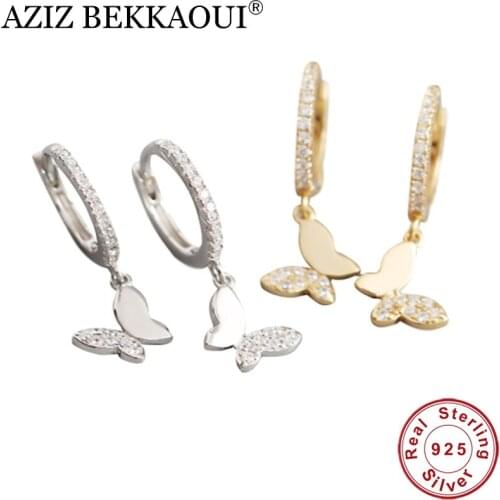 AZIZ BEKKAOUI Authentic 925 Sterling Silver Classic Fashion Cute Gold Silver Color Butterfly Stud Earring For Women Earring Gift