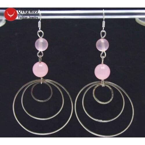 Qingmos Fashion Natural Jades Earrings for Women with 8-10mm Pink Jades 3 Pieces Metal Round Circle Dangle 3.5'' Earring ear621