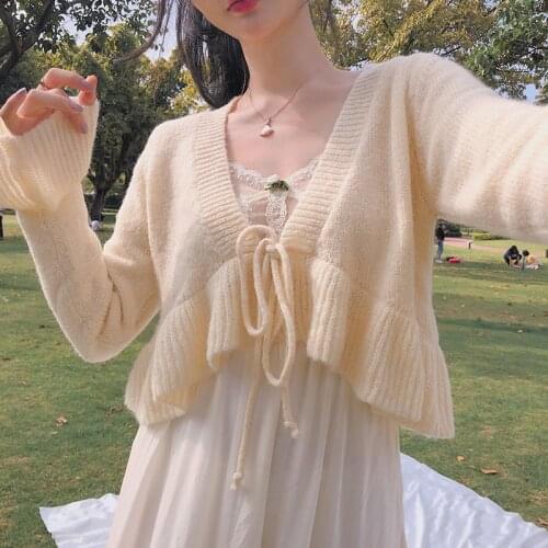 Women 2021 Spring Long Sleeve Tied Cropped Knitted Cardigan Sweater Winter Vintage Wrap Apricot Female Chic Short Tops Outerwear