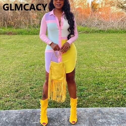 Women Color Block Long Sleeve Turn Down Collar Shirt Dress