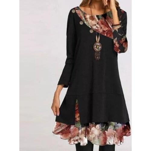 2021 New O Neck Splicing Vintage Print Dress Women Autumn Elegant Long Sleeves Dresses Female Casual Loose Fashion Dress 2021