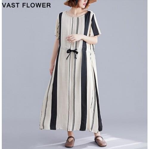 2021 Summer New Plus Size Dress Women Fashion Striped Vintage Loose Casual Long Dress Elegant Vestidos Clothes Womens Dresses