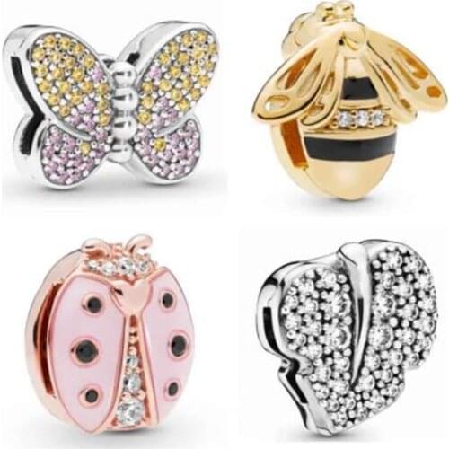 100% 925 Sterling Silver Reflexions Sparkling Leaf Butterfly Rose Queen Bee Pink Ladybird Clip Charm Fit Bracelet Diy Jewelry