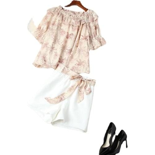 2021 Printed Shirt with Five-quarter Sleeves White Shorts Fashion Suits European and American Womens Wear for Spring