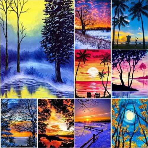 New 5D DIY Diamond Painting Full Square Round Drill Sunset Tree Diamond Embroidery Scenery Cross Stitch Crafts Home Decor Gift