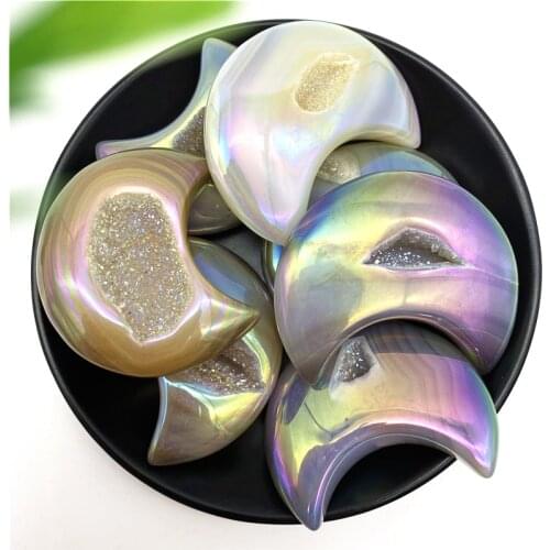 Aura Naural Agate Moon Carved Crystal Geode Quartz Figurine Healing Crystals Decor Reiki Gift Natural Stones and Minerals