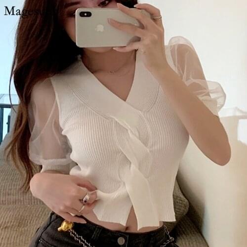 Puff Short Sleeve White Shirts Women Summer New Mesh Stitching Knitted Tops V-neck Slim Cross Design Woman Blouses Blusas 15361