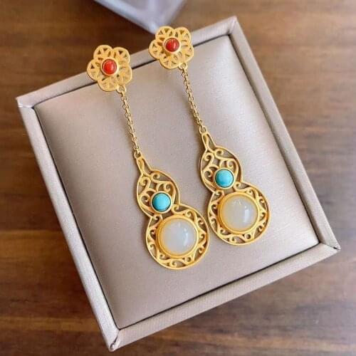 Silver inlaid natural Hetian white Chalcedony bracelet Chinese style retro palace minority design plant womens brand jewelry